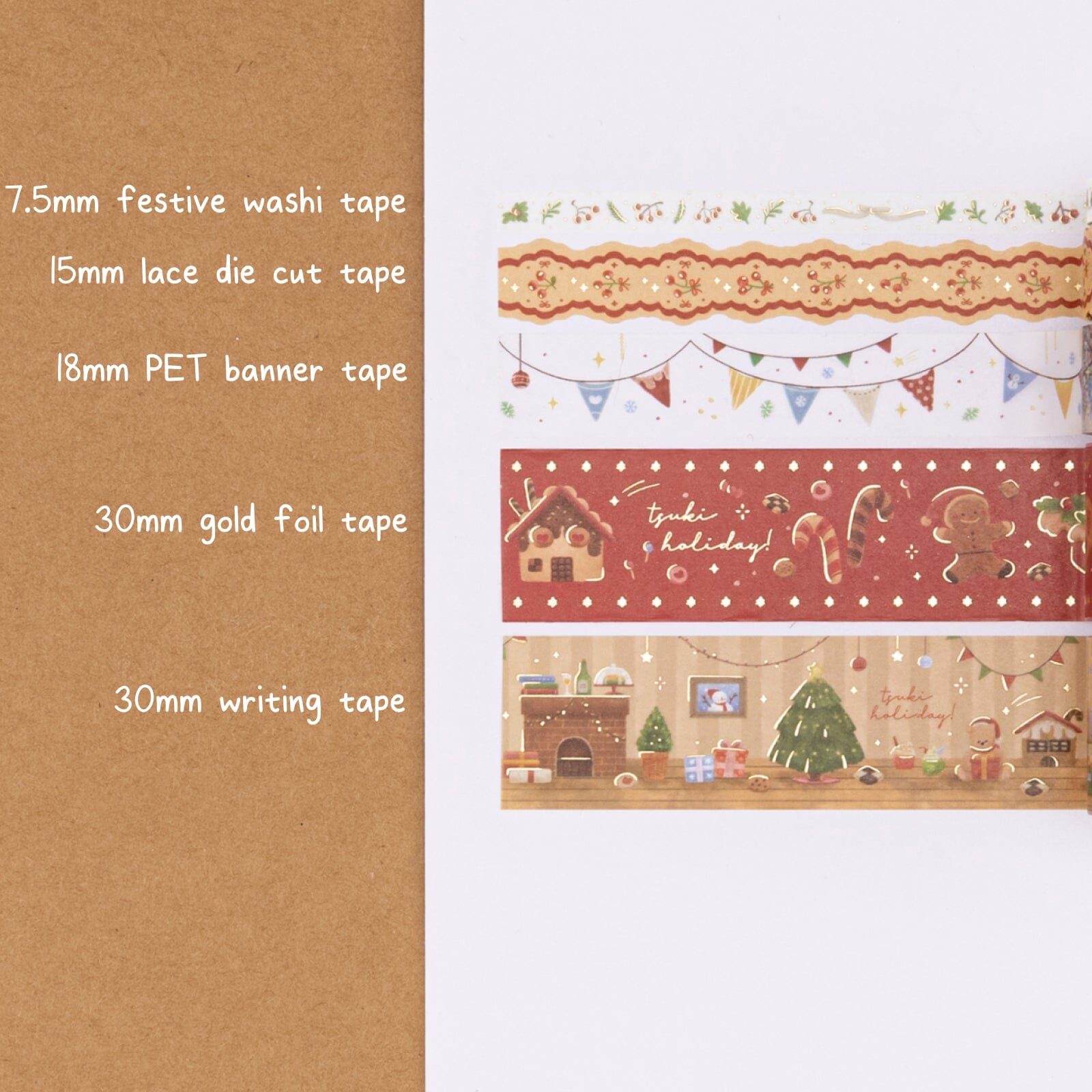 Christmas Gold Foil Washi Tape Set (5 Rolls)