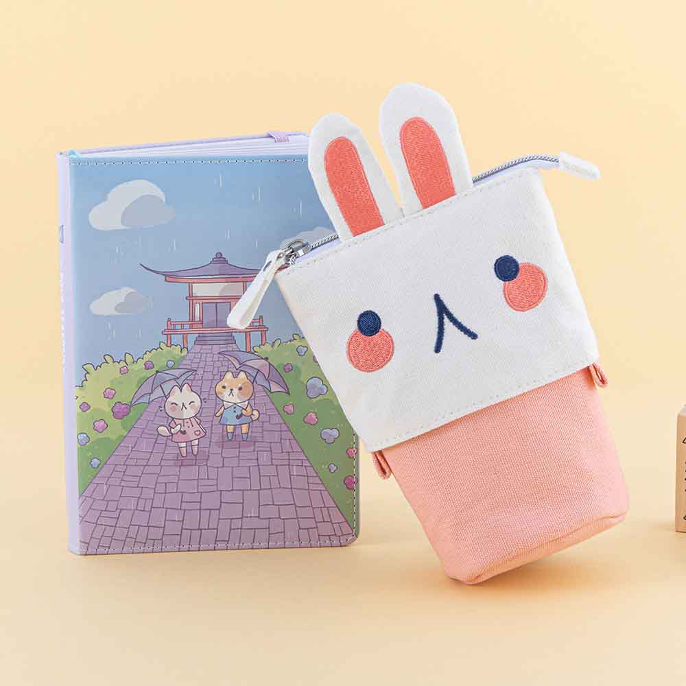 Cotton Canvas Animal Pen Pouch — Pink Bunny / Yellow Kitten