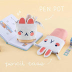 Cotton Canvas Animal Pen Pouch — Pink Bunny / Yellow Kitten
