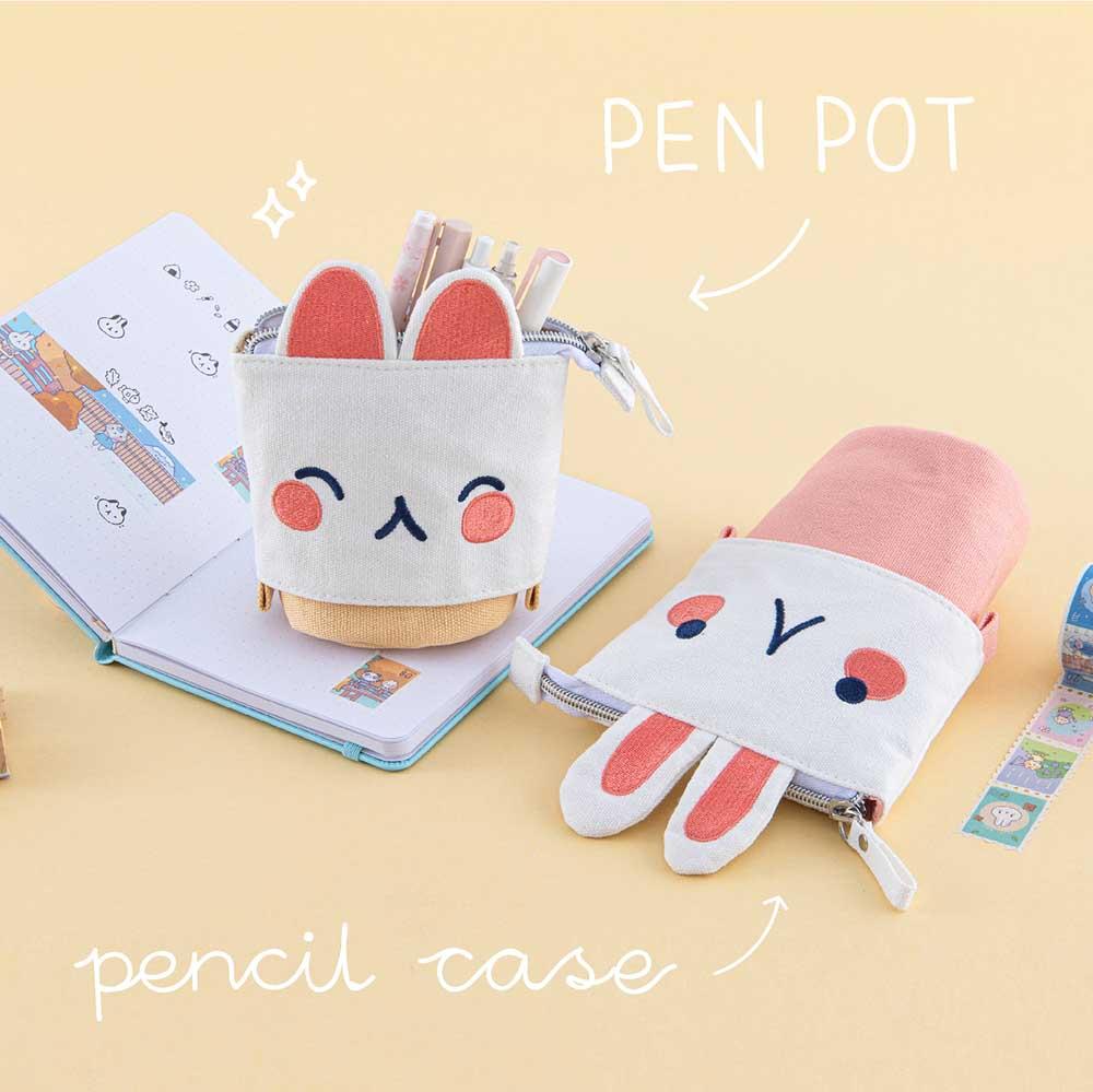 Cotton Canvas Animal Pen Pouch — Pink Bunny / Yellow Kitten