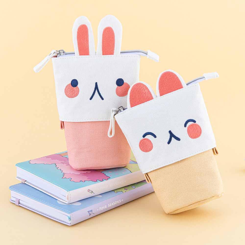 Cotton Canvas Animal Pen Pouch — Pink Bunny / Yellow Kitten